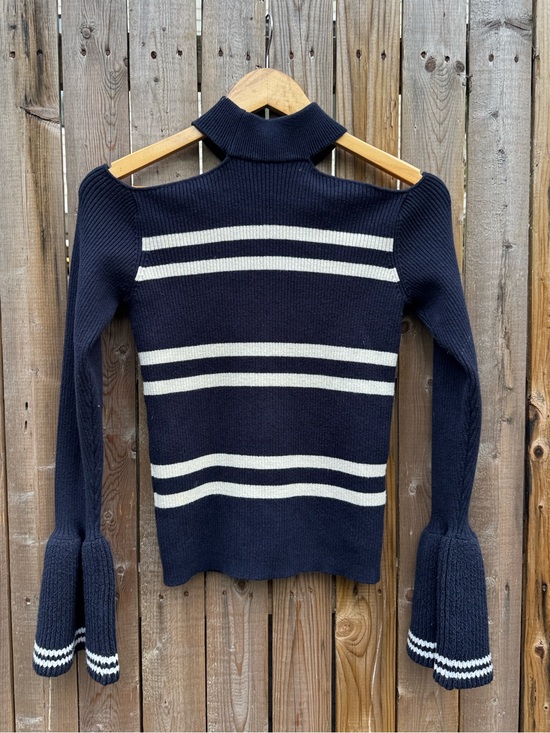 Self-Portrait Sweaters - Self-Portrait Navy and Cream Striped Off-Shoulder Rib Knit Sweater